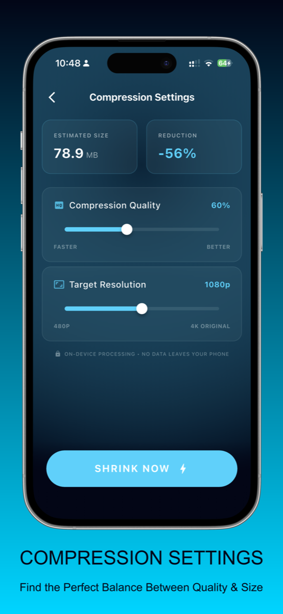 VideoCompress compression settings with quality and target resolution controls