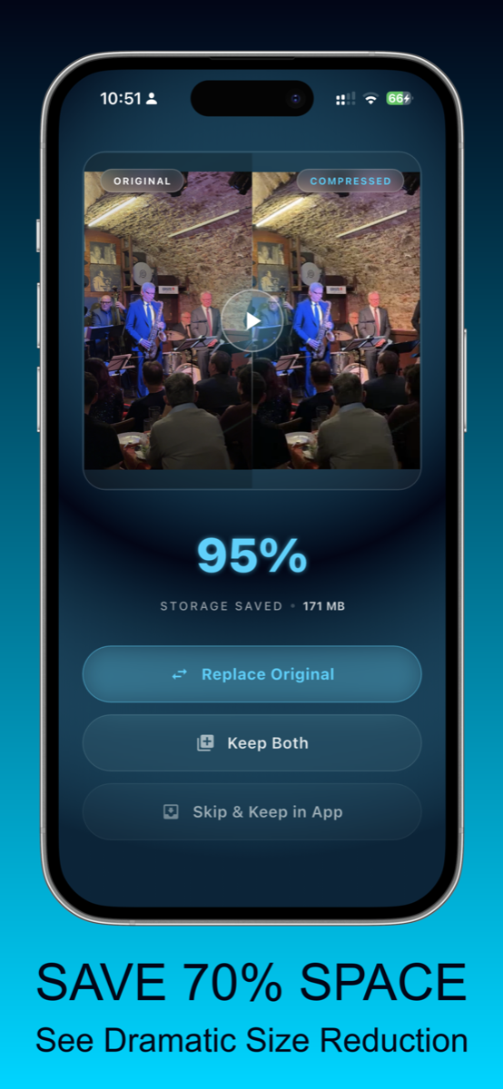 VideoCompress showing 95 percent storage saved after video compression